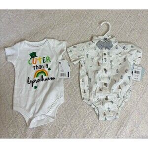 Lot Of 2 Baby One Piece Little Lad Sail Boat Graphic Wit Bow 6/9M Leprechaun 12M
